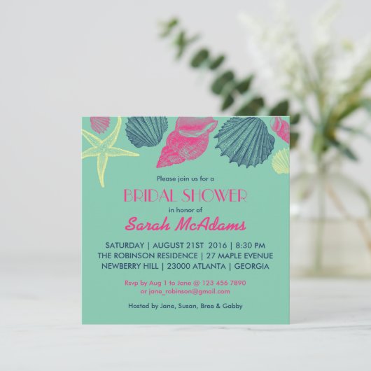 ティール（緑がかった色）シーシェル結婚ズのブライダルシャワーへの招待 招待状 (スタンド正面)