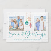 ティール(緑がかった色)シーズ&グリーティングコースタルウッドホリデーフォト シーズンカード (正面)