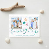 ティール(緑がかった色)シーズ&グリーティングコースタルウッドホリデーフォト シーズンカード