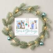 ティール(緑がかった色)シーズ&グリーティングコースタルウッドホリデーフォト シーズンカード
