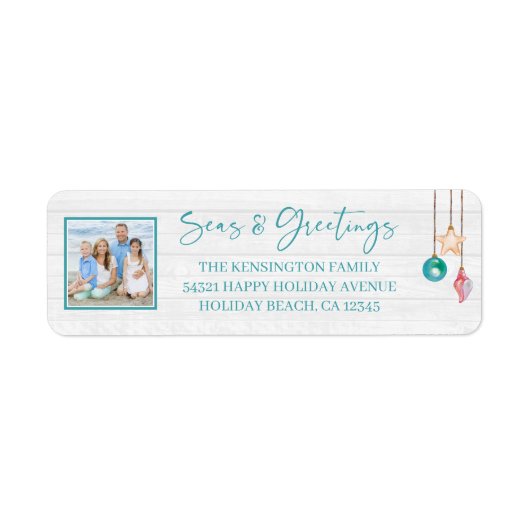 ティール（緑がかった色）シーズ&グリーティングシーシェルオーナメント写真 ラベル (正面)