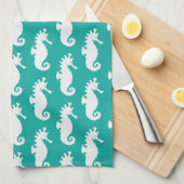 ティール(緑がかった色)シーホースのパターン1 キッチンタオル (四つ折り)