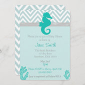 ティール（緑がかった色）シーホースビーチをテーマにしたベビーシャワー招待状 招待状 (正面/裏面)