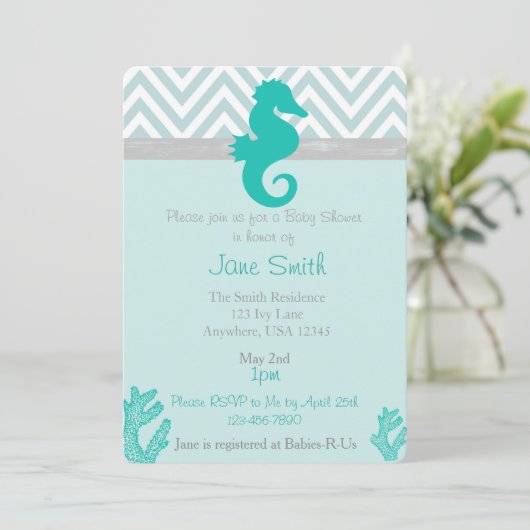 ティール（緑がかった色）シーホースビーチをテーマにしたベビーシャワー招待状 招待状 (スタンド正面)
