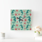 ティール（緑がかった色）シーホース模様2 スクエア壁時計 (ホーム)