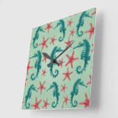 ティール（緑がかった色）シーホース模様2 スクエア壁時計 (傾斜)
