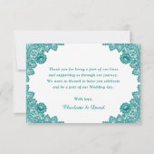 ティール(緑がかった色)シ素朴ックレースひ結婚まわり サンキューカード (裏面)