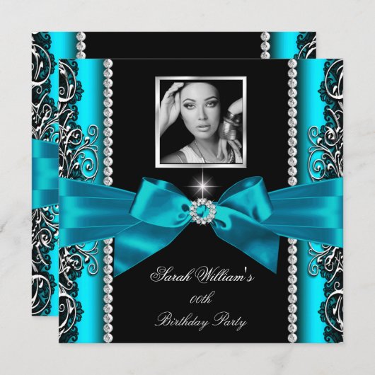 ティール(緑がかった色)ジェイドボウバースデーパーティーブラックシルバーフォト 招待状 (正面/裏面)