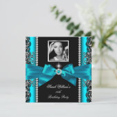 ティール(緑がかった色)ジェイドボウバースデーパーティーブラックシルバーフォト 招待状 (スタンド正面)