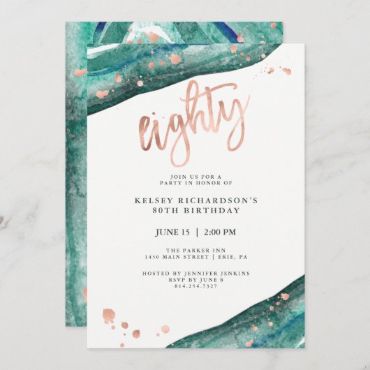 ティール（緑がかった色）ジオードとフェイクバラ金ゴールドルック80誕生日 招待状 (正面/裏面)