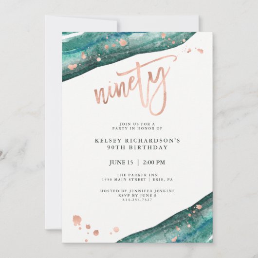ティール(緑がかった色)ジオードとフェイクバラ金ゴールドルック90誕生日 招待状 (正面)