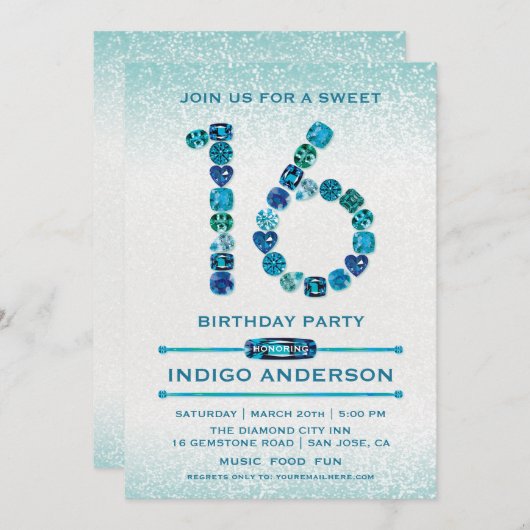 ティール（緑がかった色）ジュエルズスウィート16バースデーパーティ招待状 招待状 (正面/裏面)