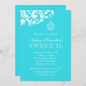 ティール（緑がかった色）スイート16ウィンターワンダーランド渦巻オーナメント 招待状 (正面/裏面)
