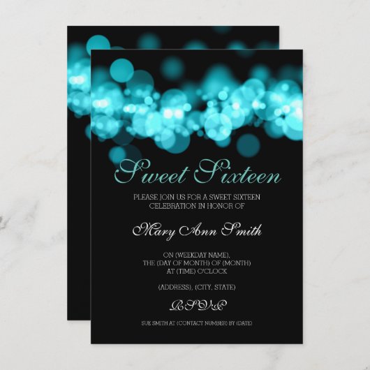 ティール(緑がかった色)スイート16誕生日《写真》ぼけ味ライト 招待状 (正面/裏面)