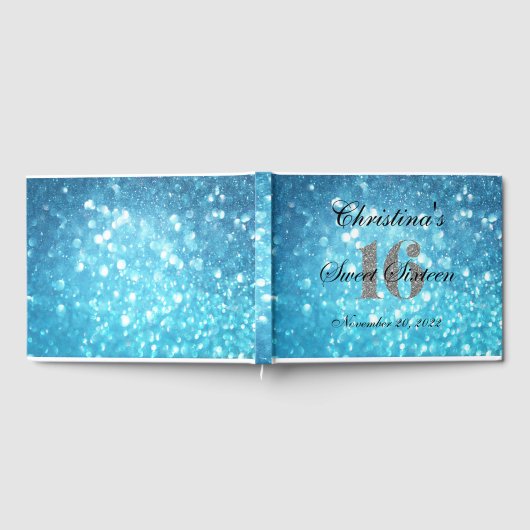 ティール（緑がかった色）スウィート16シルバーグリッターカスタムゲストブック ゲストブック (全面)