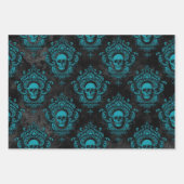 ティール(緑がかった色)スカルとダークグレーゴシック ラッピングペーパーシート (正面)