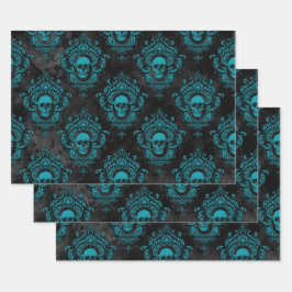 ティール（緑がかった色）スカルとダークグレーゴシック ラッピングペーパーシート