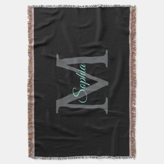 ティール(緑がかった色)スクリプト名、黒の大きな灰色のモノグラム スローブランケット (正面縦)