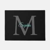 ティール（緑がかった色）スクリプト名、黒の大きな灰色のモノグラム ドアマット (正面)