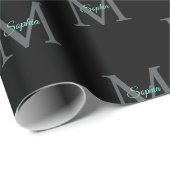 ティール（緑がかった色）スクリプト名、黒の大きな灰色のモノグラム ラッピングペーパー (ロールコーナー)