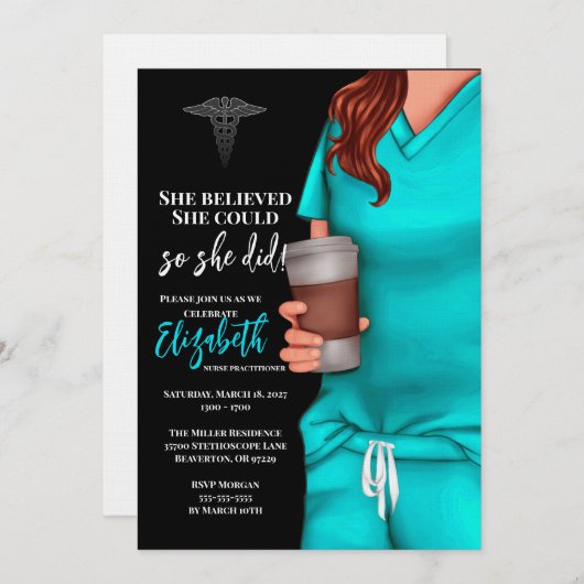 ティール(緑がかった色)スクルバス看護学校卒業招待状 招待状 (正面/裏面)