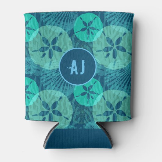 ティール（緑がかった色）スタイリッシュとアクアサンドドルとシーシェル 缶クーラー (正面)