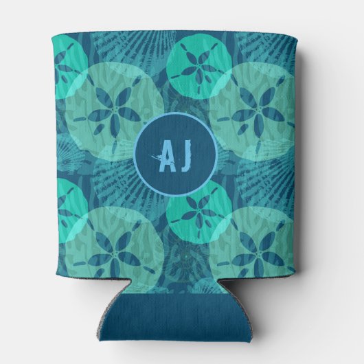 ティール(緑がかった色)スタイリッシュとアクアサンドドルとシーシェル 缶クーラー (裏面)