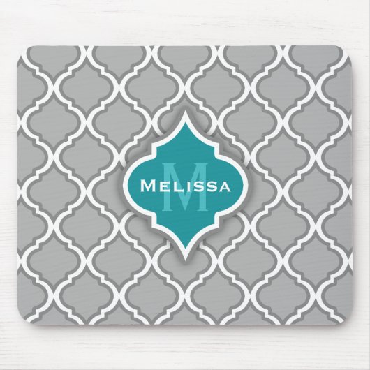 ティール（緑がかった色）スタイリッシュとグレーモロッコタイルパターン マウスパッド (正面)