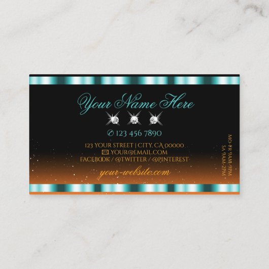 ティール（緑がかった色）スタイリッシュオレンジブラックスパークルジュエルズラグジュアリー 名刺 (裏面)