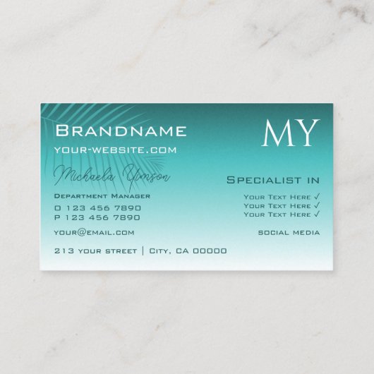 ティール（緑がかった色）スタイリッシュグラディエントシックなヤシの葉とモノグラム 名刺 (裏面)