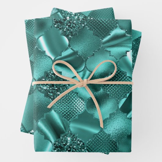 ティール(緑がかった色)スタイリッシュグリッターダイヤモンド箔パターン ラッピングペーパーシート (インサイチュ)
