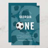 ティール（緑がかった色）スタイリッシュボールサッカーテーマ第1誕生日パーティー 招待状 (正面/裏面)