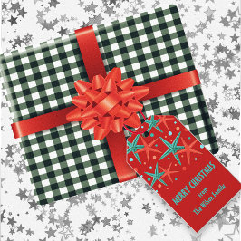 ティール（緑がかった色）スターフィッシュアンドドットレッドホリデーギフトラベル ギフトタグ