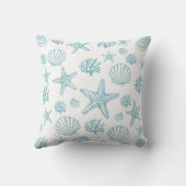ティール（緑がかった色）スターフィッシュシーシェルビーチイパターン クッション (裏面)