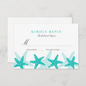 ティール（緑がかった色）スターフィッシュビーチ結婚式RSVP 出欠カード (正面/裏面)