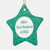 ティール（緑がかった色）スターペットの写真初めてのクリスマスの名前と年 セラミックオーナメント (左)