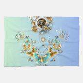 ティール(緑がかった色)スチームパンクアートヴィンテージ機械デザイン キッチンタオル (横)