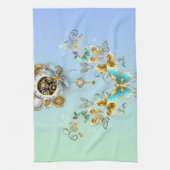 ティール(緑がかった色)スチームパンクアートヴィンテージ機械デザイン キッチンタオル (縦)