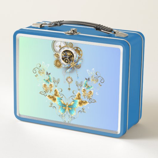 ティール（緑がかった色）スチームパンクアート、ヴィンテージメカニカルグラフィック メタルランチボックス (正面)