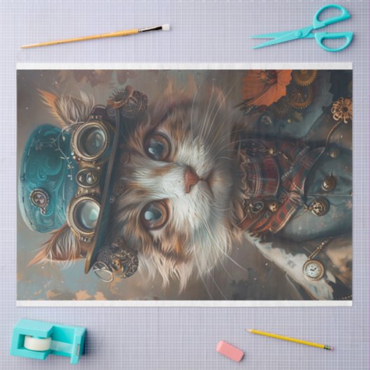 ティール（緑がかった色）スチームパンクキャットとティール（緑がかった色）ハットデクページ 薄葉紙 (クラフト)