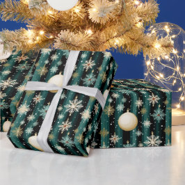 ティール（緑がかった色）ストライプのの雪片とデコレーションクリスマス ラッピングペーパー