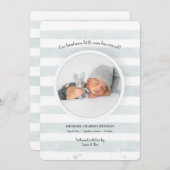 ティール（緑がかった色）ストライプの写真の誕生発表 招待状 (正面/裏面)