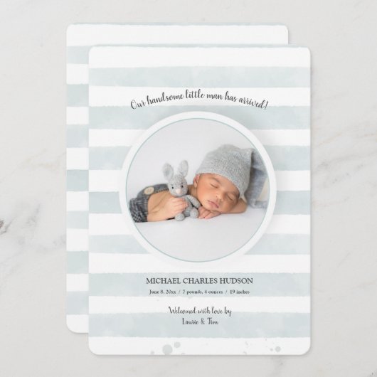 ティール（緑がかった色）ストライプの写真の誕生発表 招待状 (正面/裏面)