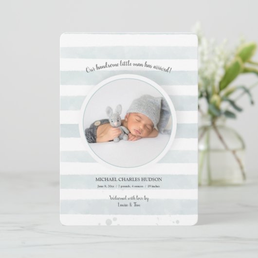 ティール（緑がかった色）ストライプの写真の誕生発表 招待状 (スタンド正面)