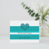 ティール(緑がかった色)ストライプの日付の保存 案内ポストカード (スタンド正面)