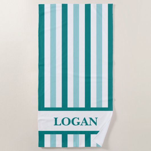 ティール（緑がかった色）ストライプビーチ名前をカスタムする付タオル ビーチタオル (正面)