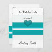 ティール(緑がかった色)ストライプ付きハートアクセント誕生日招待状 招待状 (正面/裏面)