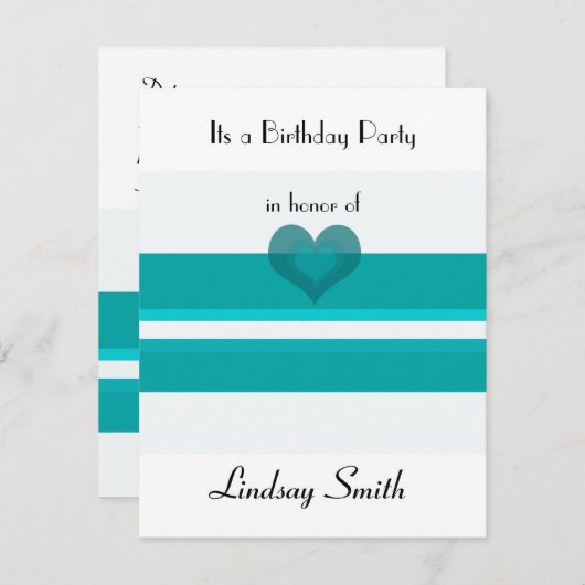 ティール(緑がかった色)ストライプ付きハートアクセント誕生日招待状 招待状 (正面/裏面)