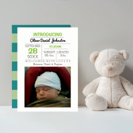 ティール(緑がかった色)ストライプ写真ベビーのお知らせ 案内状