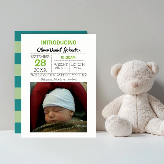 ティール(緑がかった色)ストライプ写真ベビーのお知らせ 案内状
